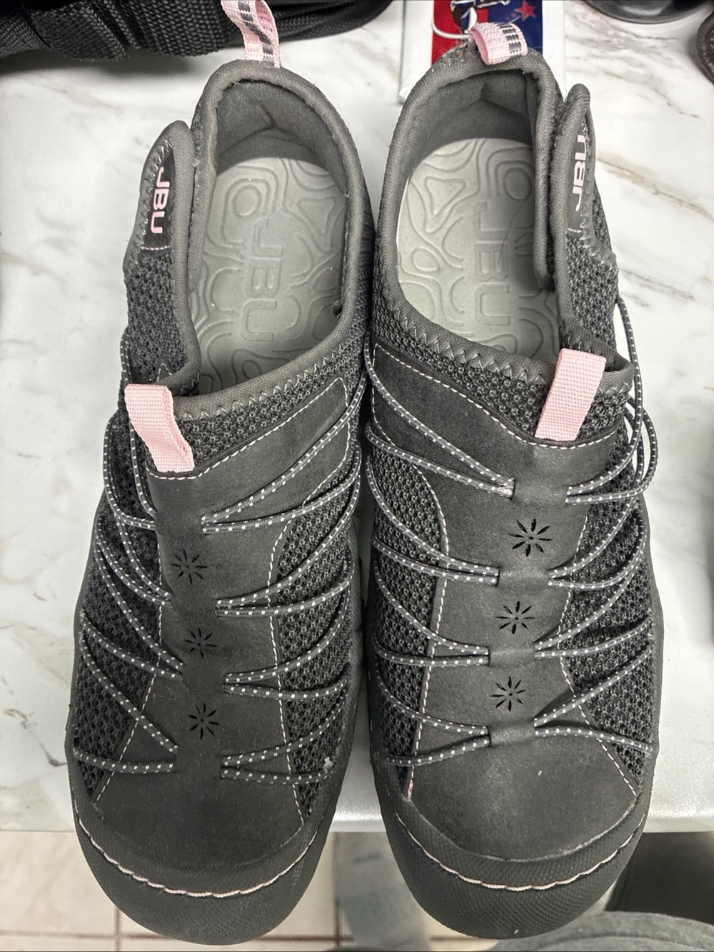 JBU Women's Gray Slip-On Sneakers with Pink Tabs